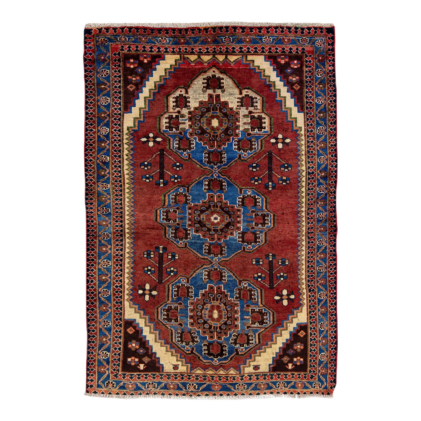 Vintage Handmade Persian Red Wool Rug 4'4" x 6'4" Geometric Design: Vintage Handmade Persian Red Wool Rug 4'4" x 6'4" Geometric Design Enhance your space with this beautiful Vintage Persian hand-knotted wool rug featuring a striking red field and multicolor geometric 