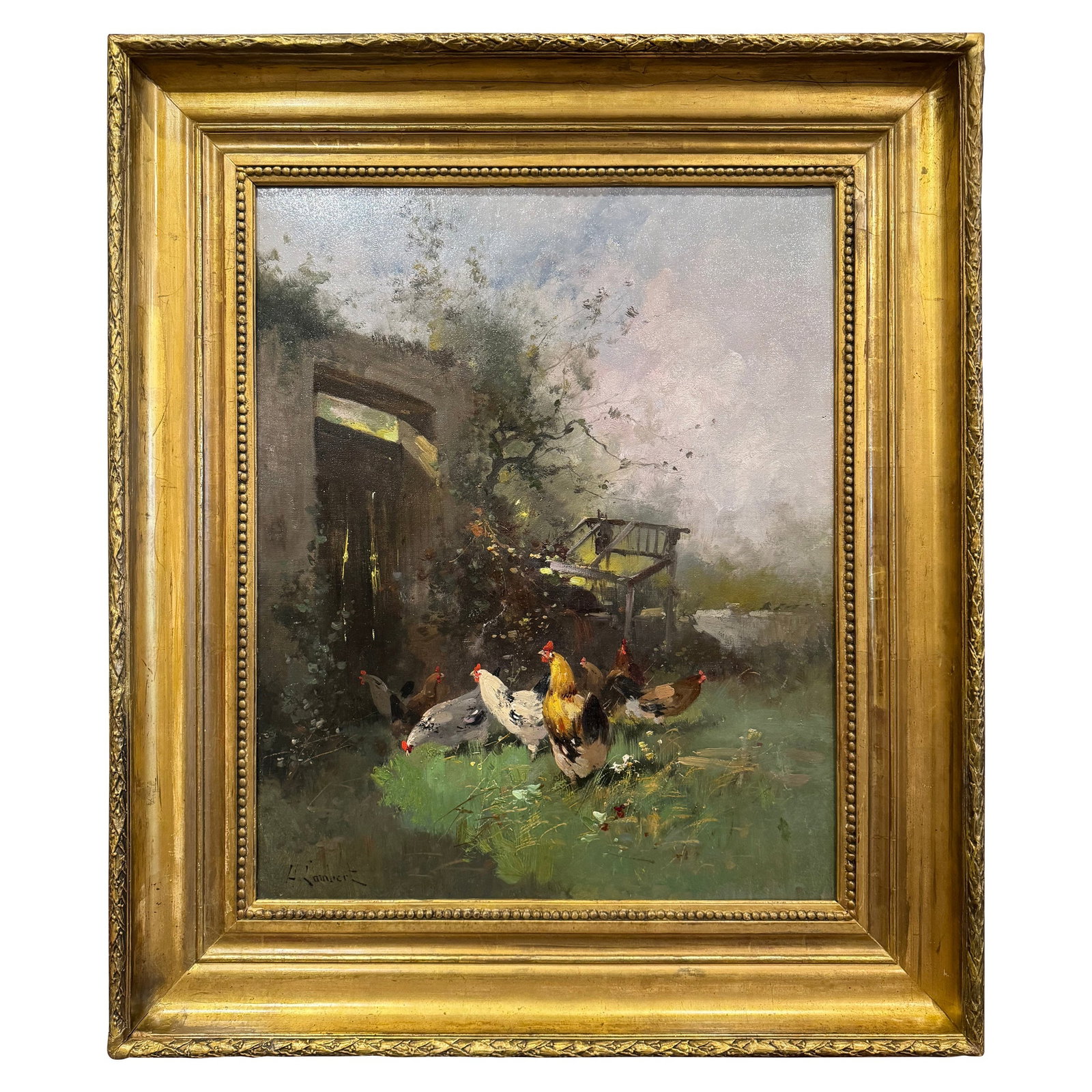 19th Century Framed Oil Painting by H. Lambert Eugene Galien-Laloue: 19th Century Framed Oil Painting by H. Lambert Eugene Galien-Laloue This stunning late 19th-century oil painting captures the charm of rural France with a picturesque "Basse Cour" (farmyard) scene fea