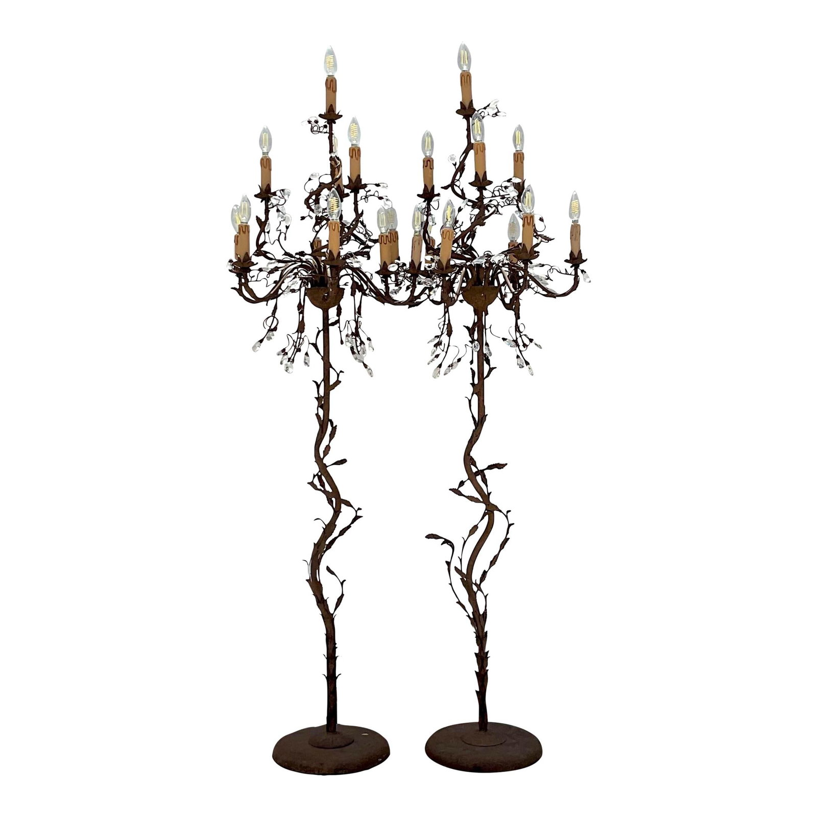 Vintage Boho Crystal Teardrop Chandelier Floor Lamps Pair: Vintage Boho Crystal Teardrop Chandelier Floor Lamps Pair Enhance your space with this exquisite pair of vintage patinated floor lamps. Featuring a chic chandelier design adorned with crystal teardrop