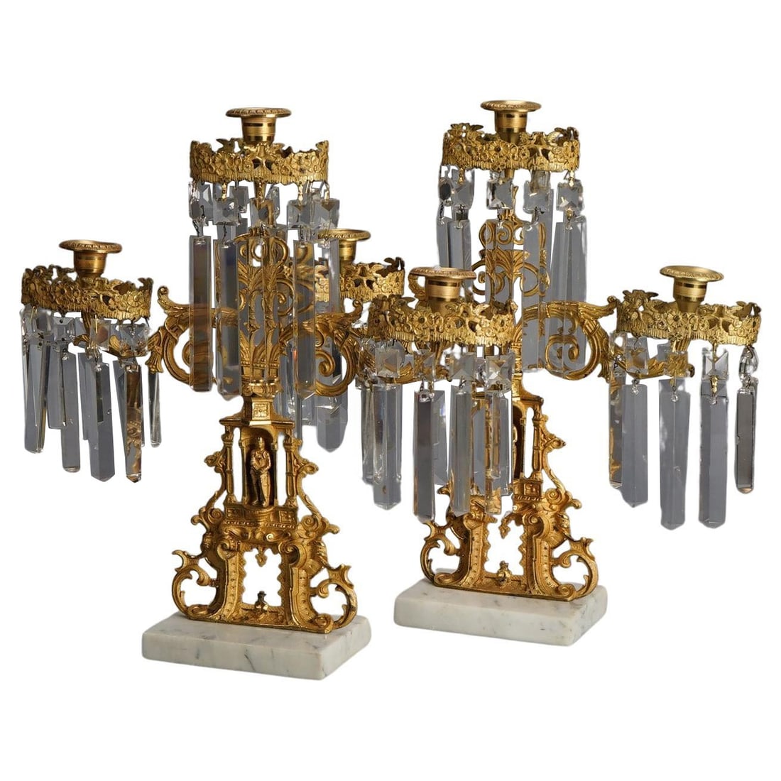 Gothic Revival Ivanhoe Girandole Gilt Bronze and Crystal Candelabra Circa 1850: Gothic Revival Ivanhoe Girandole Gilt Bronze and Crystal Candelabra Circa 1850 This antique Ivanhoe Girandole candelabra, dating to circa 1850, showcases the Gothic Revival style with exquisite gilt b