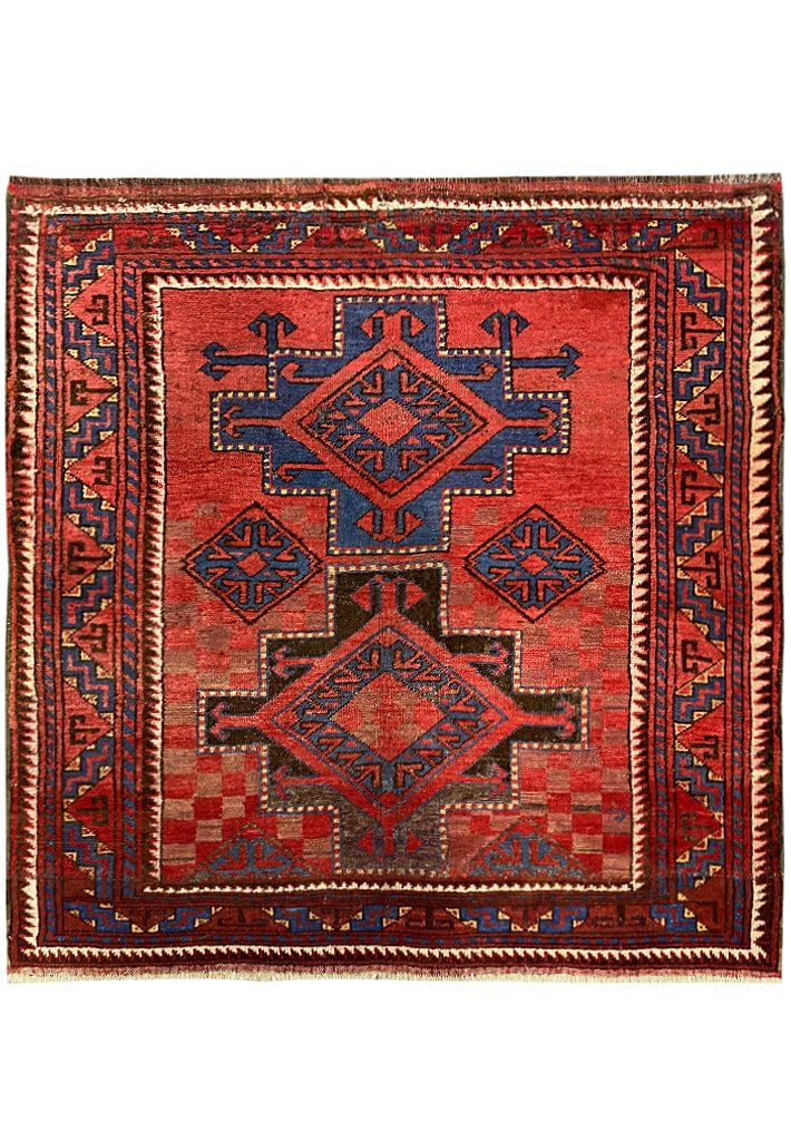 4.2 x 4.2 Vintage Caucasian Kazak Handwoven Wool Area Rug: 4.2 x 4.2 Vintage Caucasian Kazak Handwoven Wool Area Rug Free continental US Shipping Discover the exquisite 4' x 4' Square Vintage Caucasian Kazak Rug, a remarkable piece that embodies the rich heri