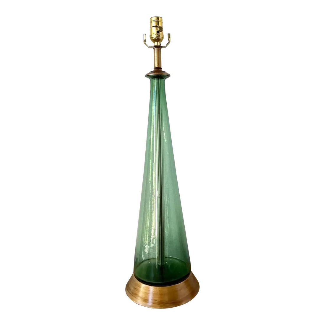 Emerald Green Italian Blown Glass Table Lamp with Brass Base: Emerald Green Italian Blown Glass Table Lamp with Brass Base This vintage Italian table lamp showcases mid-century glassmaking artistry with a sleek, tapered silhouette and a rich emerald green blown 