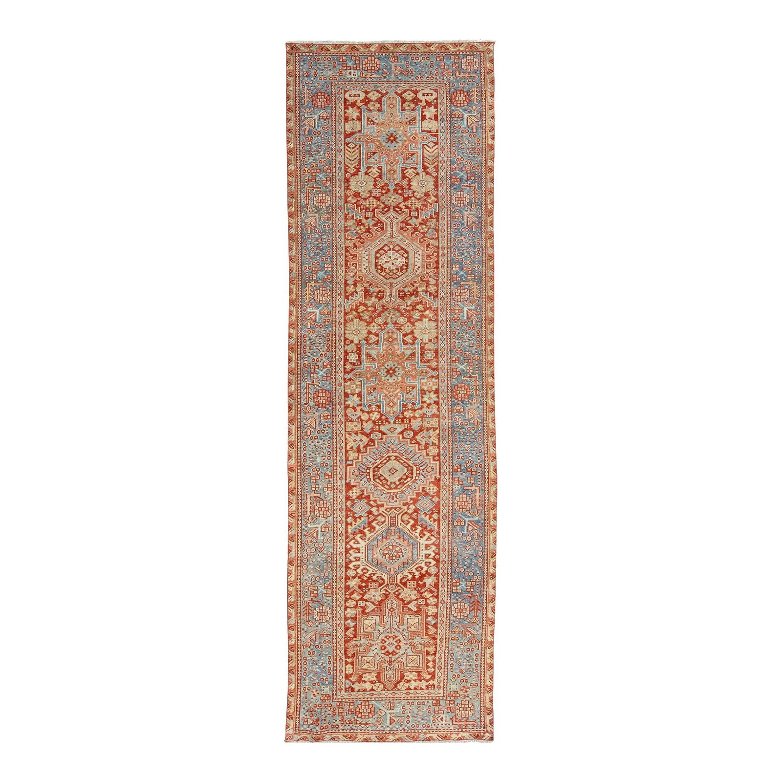 Antique Heriz Wool Runner Red Floral 3'2 x 10'9: Antique Heriz Wool Runner Red Floral 3'2 x 10'9 This exquisite 20th-century Heriz hand-knotted wool runner showcases a rich red rust field, beautifully complemented by intricate blue and beige floral 