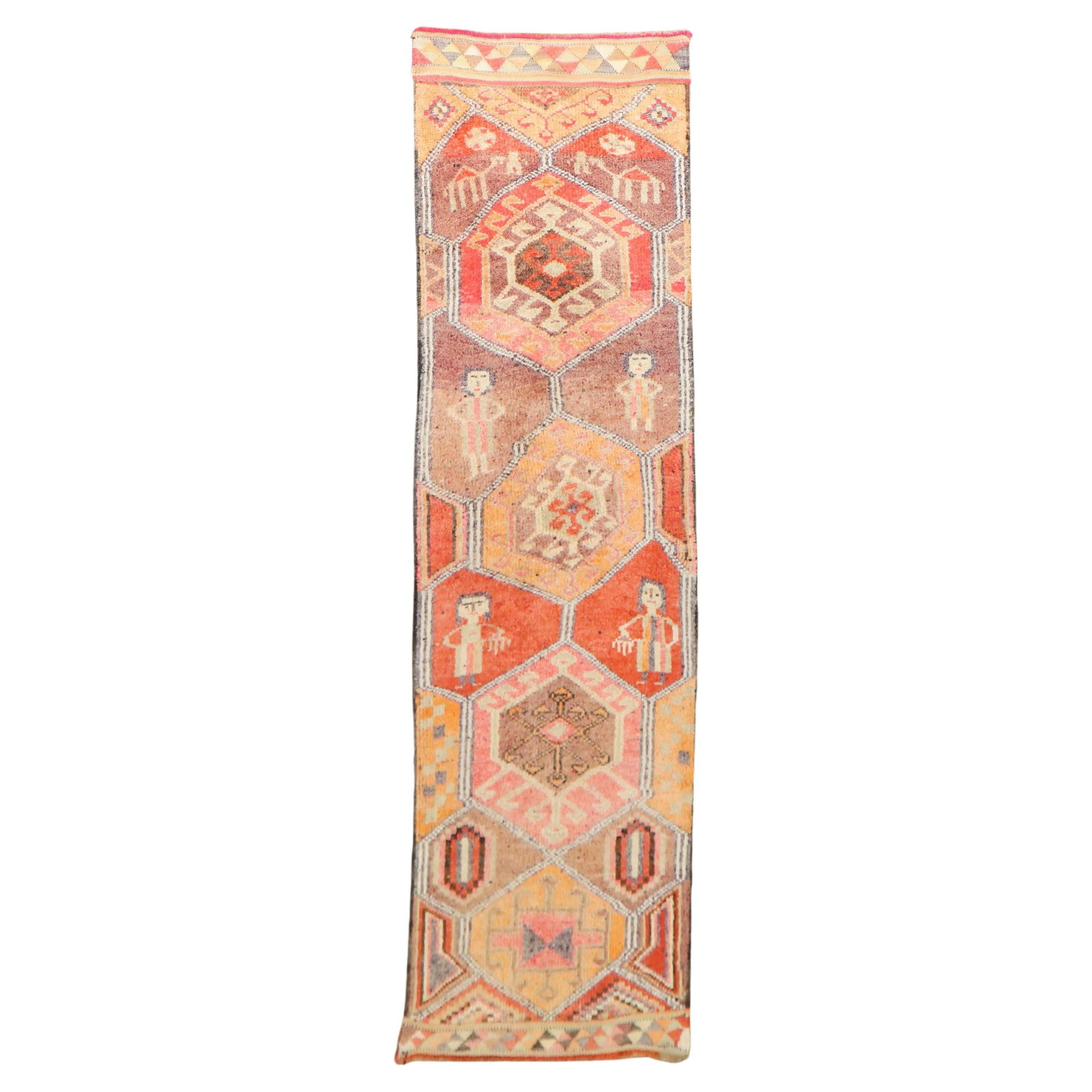 Mid-Century Funky Tribal Turkish Runner Wool Hand-Knotted: Mid-Century Funky Tribal Turkish Runner Wool Hand-Knotted Discover the vibrant charm of this mid-20th century Tribal Turkish geometric runner from the Zabihi Collection. Hand-knotted from high-quality