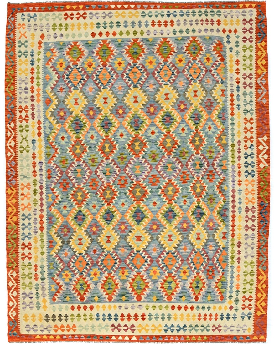 Tribal Geometric Wool Hand-Woven Reversible Area Rug 9'10 x 12'10: Tribal Geometric Wool Hand-Woven Reversible Area Rug 9'10 x 12'10 Enhance your space with this stunning Tribal Geometric Reversible Boho Kilim Hand-Woven Oriental Rug. Measuring approximately 9'10" x 