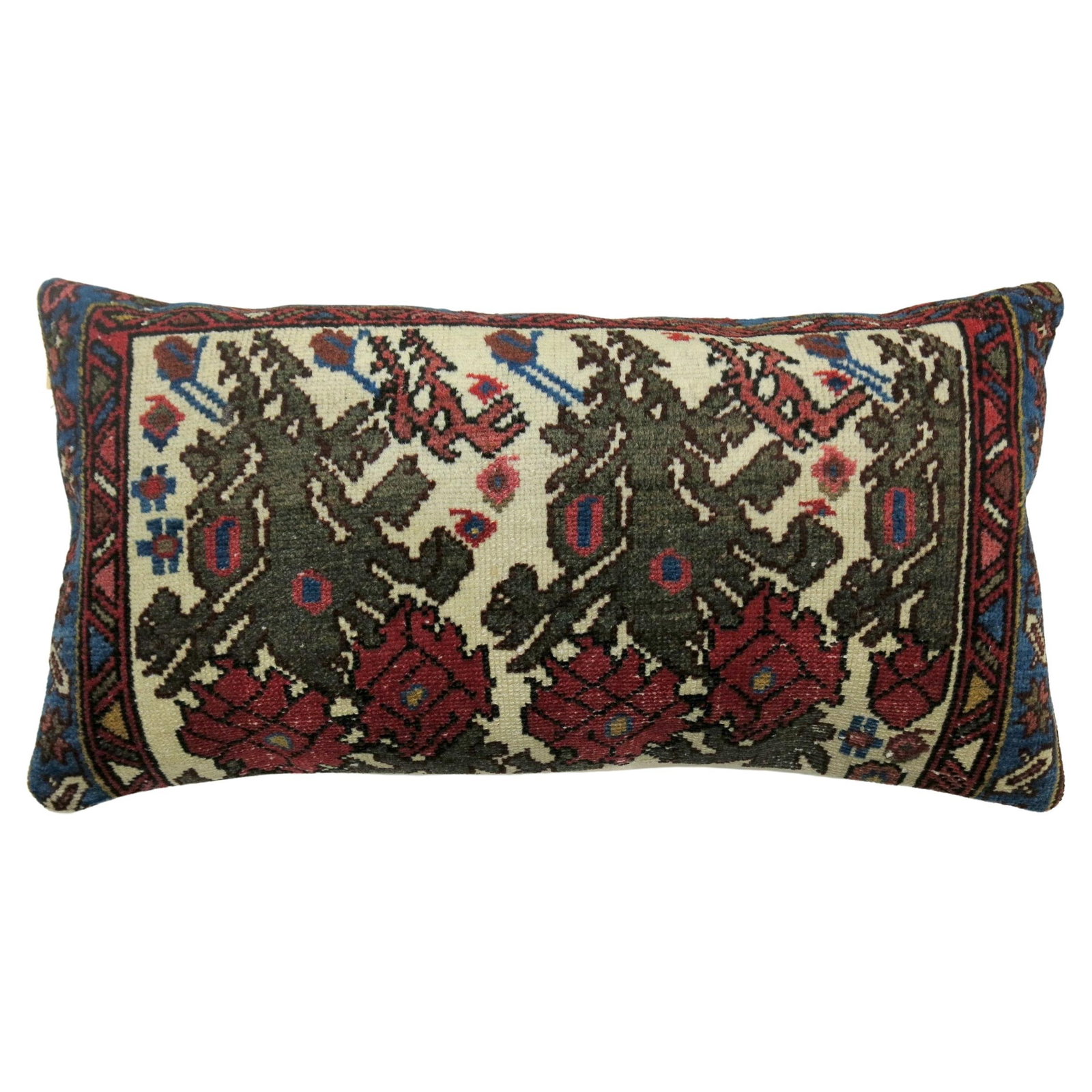 Zabihi Floral Design Antique Persian Rug Bolster Pillow 14x26: Zabihi Floral Design Antique Persian Rug Bolster Pillow 14x26 This exquisite bolster pillow is crafted from a vintage Persian rug, showcasing a romantic floral design. With dimensions of 14 inches in 
