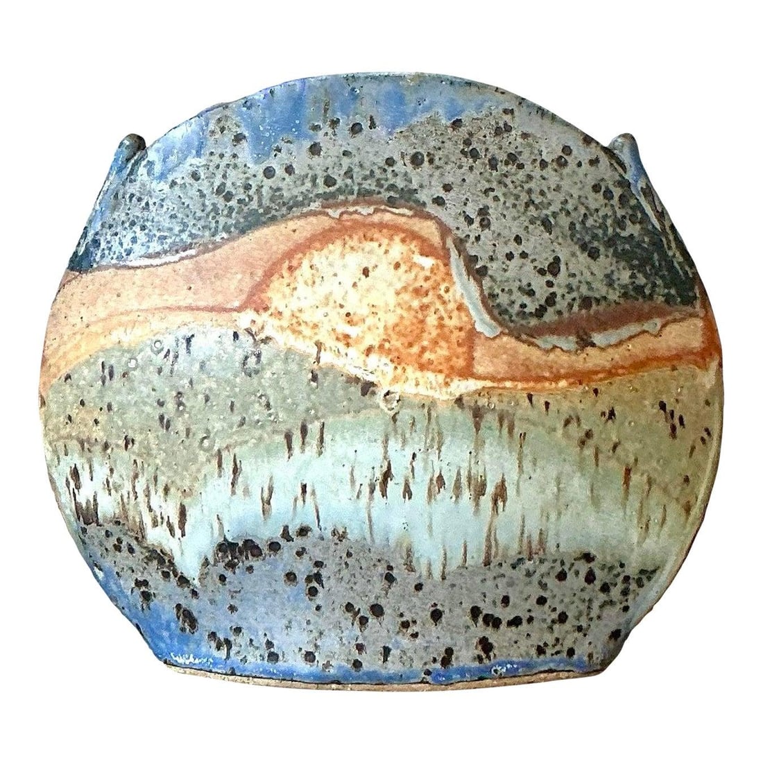 Vintage Boho Studio Pottery Vase 8x2x7 Oceanic Glaze: Vintage Boho Studio Pottery Vase 8x2x7 Oceanic Glaze This exquisite vintage studio pottery vase showcases a unique flattened, ovular "pillow" form that adds a rustic and tactile appeal to any space. T