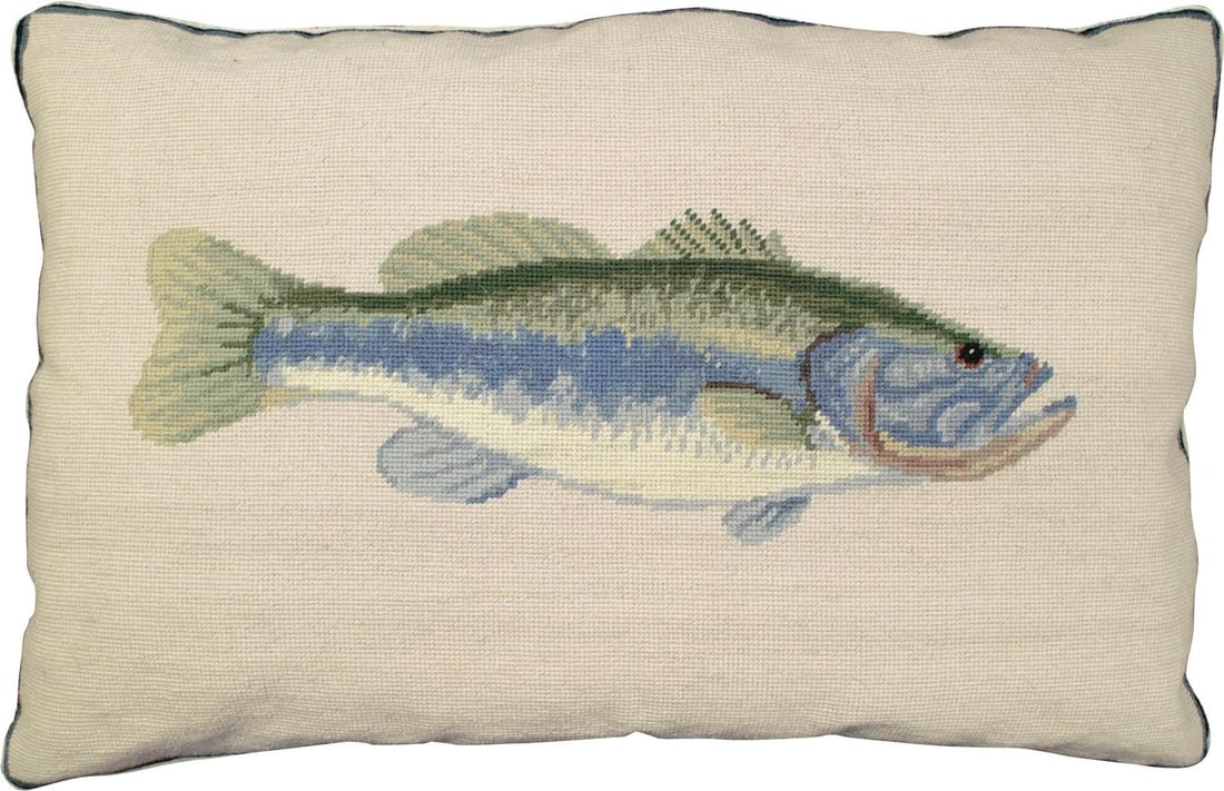 Handmade Bass Needlepoint Wool Pillow 16x28 Lake and Stream Style (1 of 2)