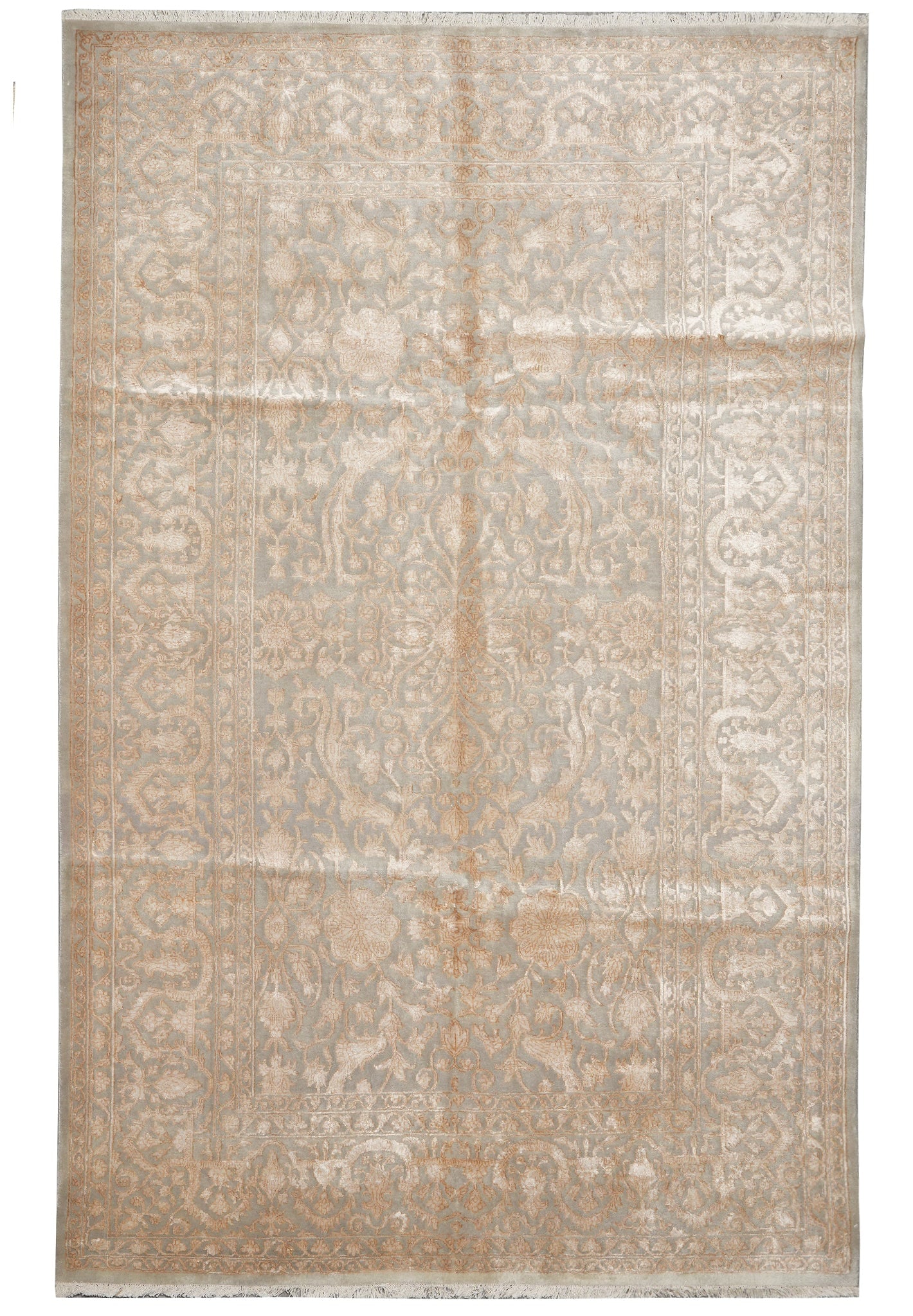 6.3 x 9.8 Hand-Knotted Neutral Wool Silk Rug Transitional Contemporary: 6.3 x 9.8 Hand-Knotted Neutral Wool Silk Rug Transitional Contemporary Free continental US Shipping This 6.3 x 9.8-foot hand-knotted rug features a neutral weave design in a transitional contemporary 