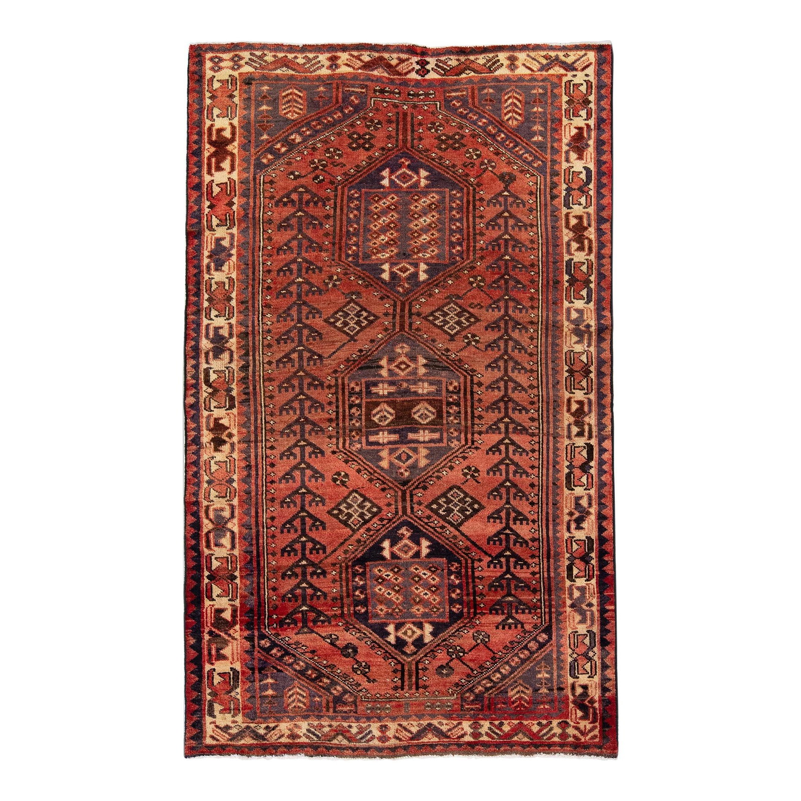 Vintage Persian Shiraz Hand-Knotted Red Medallion Wool Rug 4'10 x 8': Vintage Persian Shiraz Hand-Knotted Red Medallion Wool Rug 4'10 x 8' This exquisite vintage Persian Shiraz rug features a hand-knotted wool construction and showcases a vibrant red color field. The de