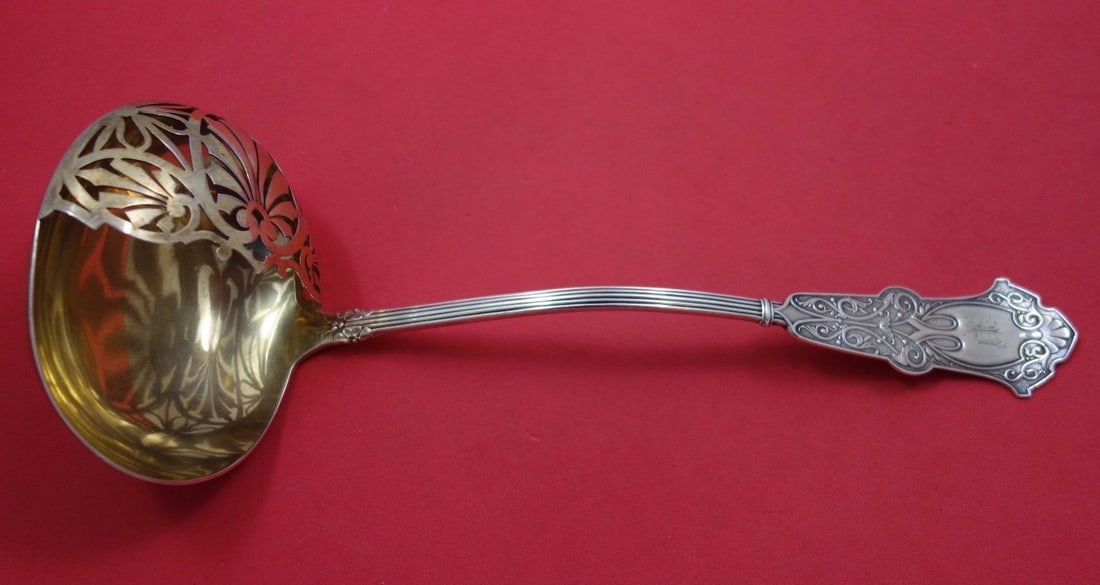 Whiting Alhambra Sterling Silver Oyster Ladle 12 Gold Wash Pierced Strainer: Whiting Alhambra Sterling Silver Oyster Ladle 12 Gold Wash Pierced Strainer This exquisite Alhambra oyster ladle by Whiting is crafted from high-quality sterling silver and features a beautifully