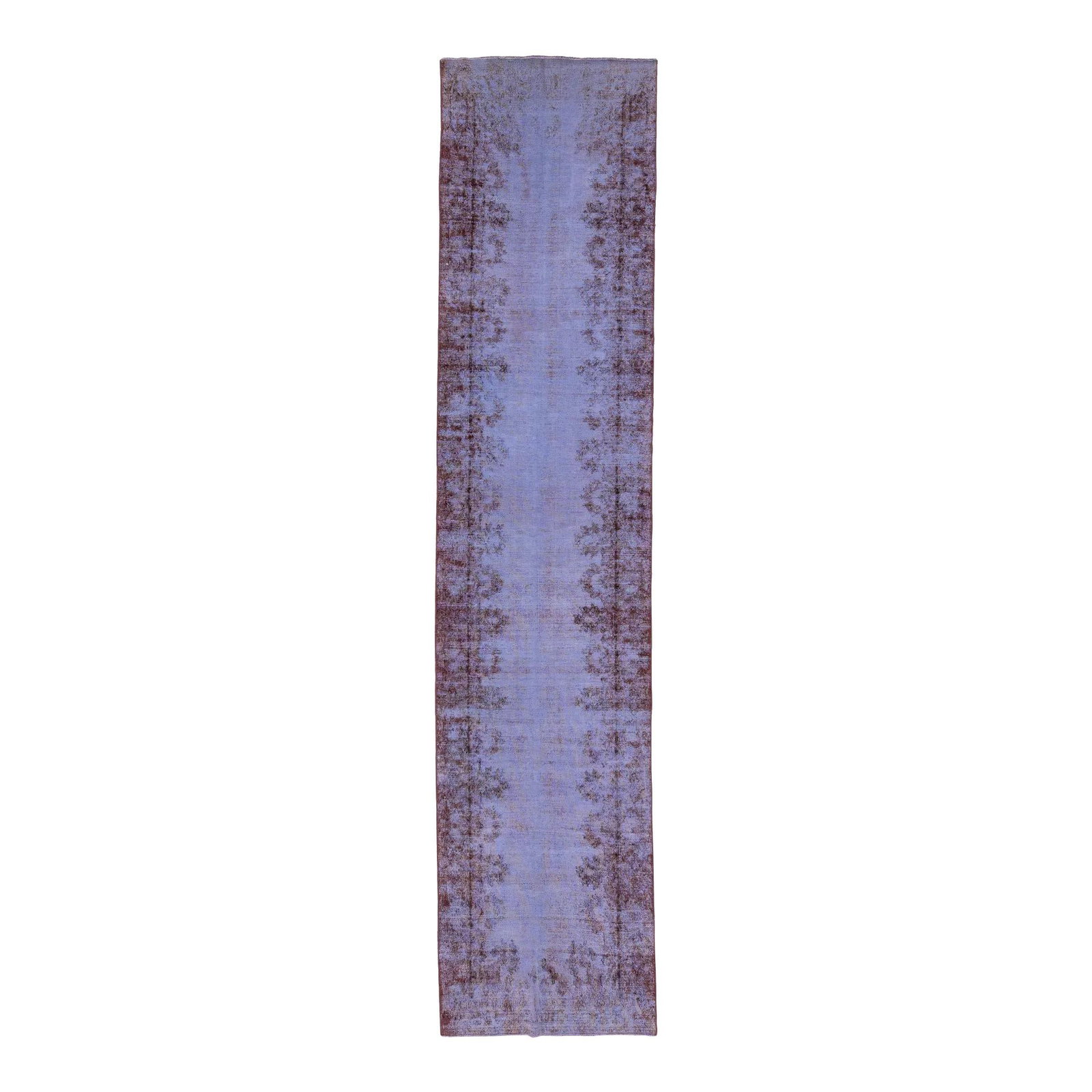 Purple Vintage Persian Wool Rug 3'1" x 14' Floral Design: Purple Vintage Persian Wool Rug 3'1" x 14' Floral Design Enhance your space with this stunning vintage Persian wool rug, featuring a vibrant purple field adorned with red distressed floral accents. Me