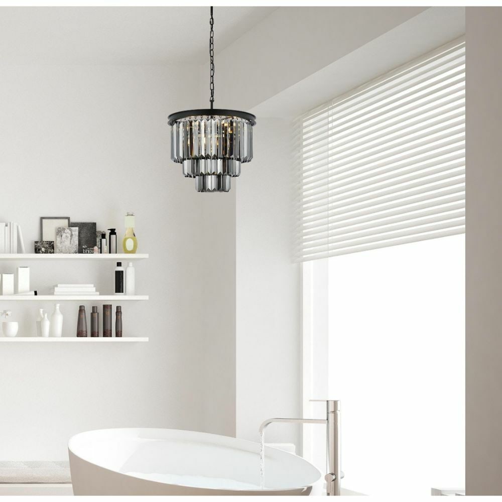 Sydney 9-Light Matte Black Crystal Chandelier: Sydney 9-Light Matte Black Crystal Chandelier This modern 9-light chandelier features a matte black frame complemented by silver shade crystals, creating a striking contemporary look. Designed for ind