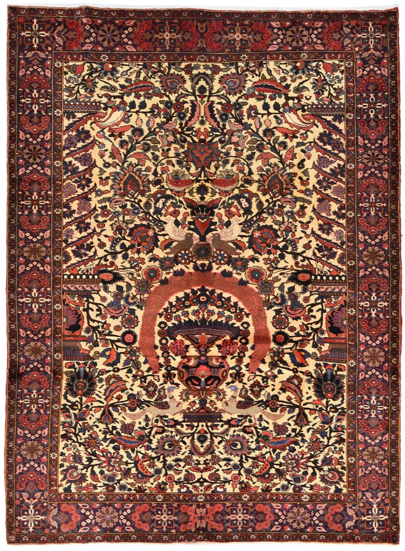 Vintage Wool Floral Area Rug Hand-Knotted 7'0 x 9'6 Traditional Western Asia: Vintage Wool Floral Area Rug Hand-Knotted 7'0 x 9'6 Traditional Western Asia This handmade traditional oriental rug features a rare floral pattern in cream, red, blue, dark brown, gray, orange, and kh