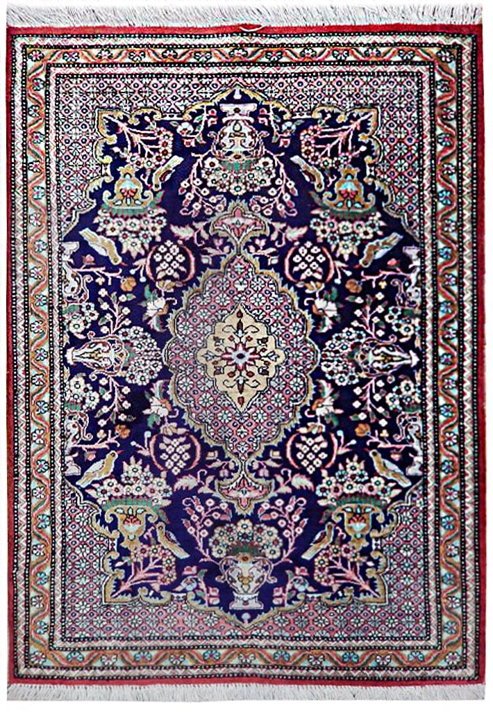 Handcrafted 1.10 x 2.7 Blue Persian Qum Silk Area Rug from Iran: Handcrafted 1.10 x 2.7 Blue Persian Qum Silk Area Rug from Iran Free continental US Shipping Experience the elegance of our 2' x 3' Blue Persian Qum Silk Rug, handcrafted in the prestigious weaving ce