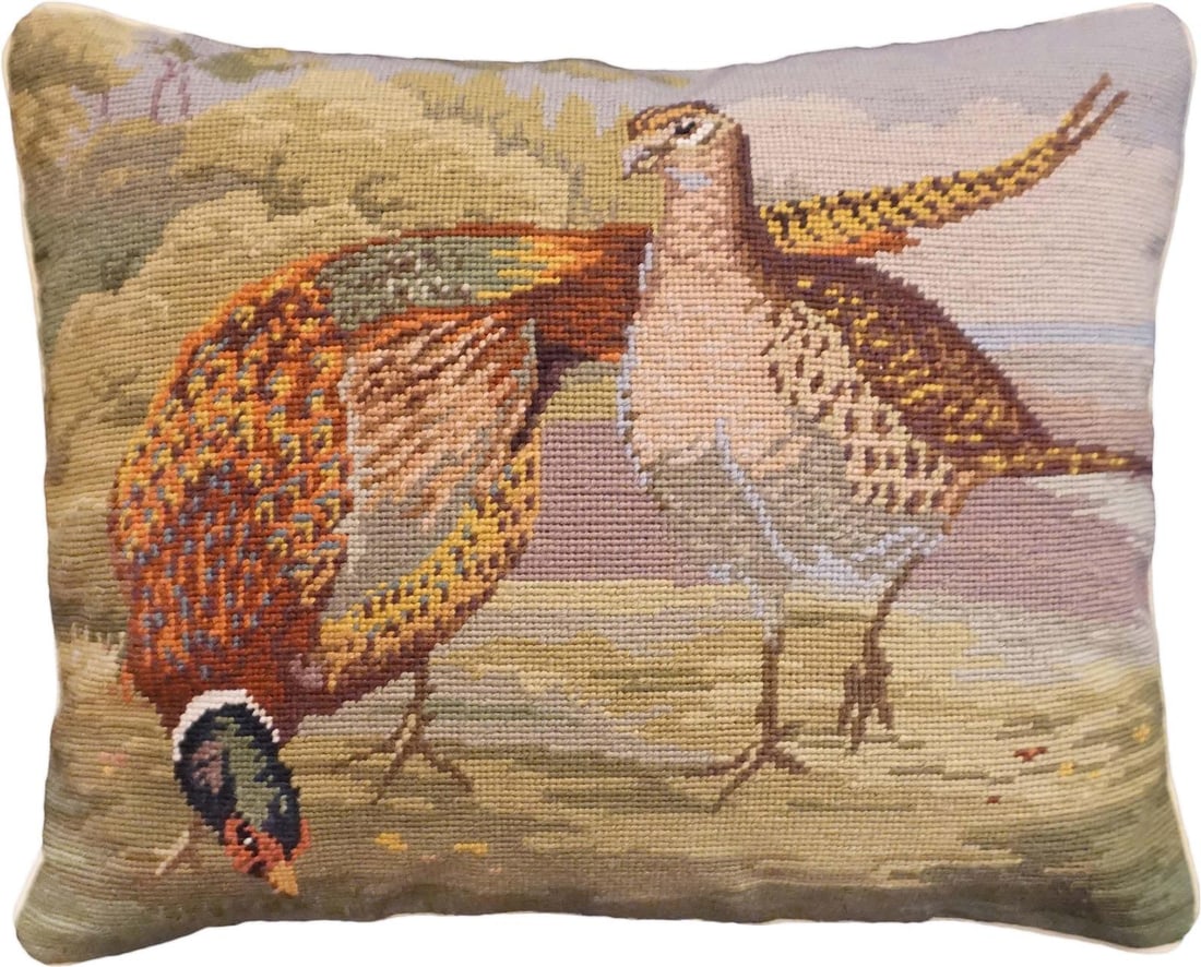 English Traditional Needlepoint Cushion Cover Two Pheasants 16x20 (1 of 1)