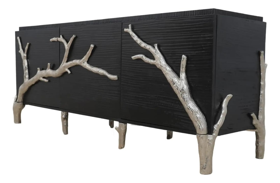 Global View 3 Door Modern Console Cabinet Black Mango Wood: Global View 3 Door Modern Console Cabinet Black Mango Wood This stunning Modern Console Cabinet, designed by Global View, is a perfect blend of style and functionality. Crafted from distressed mango w