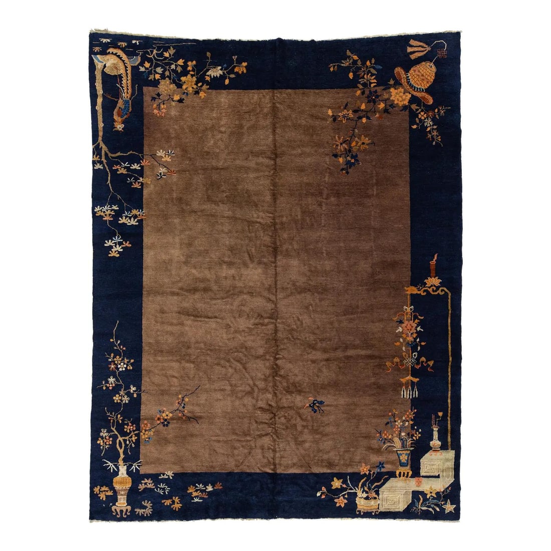 8'10 x 11'5 Handknotted Chinese Art Deco Wool Rug With Lotus and Bird Motifs: 8'10 x 11'5 Handknotted Chinese Art Deco Wool Rug With Lotus and Bird Motifs This antique Chinese Art Deco rug is handknotted in wool and features symbolic corner motifs with rich abrash. The design i