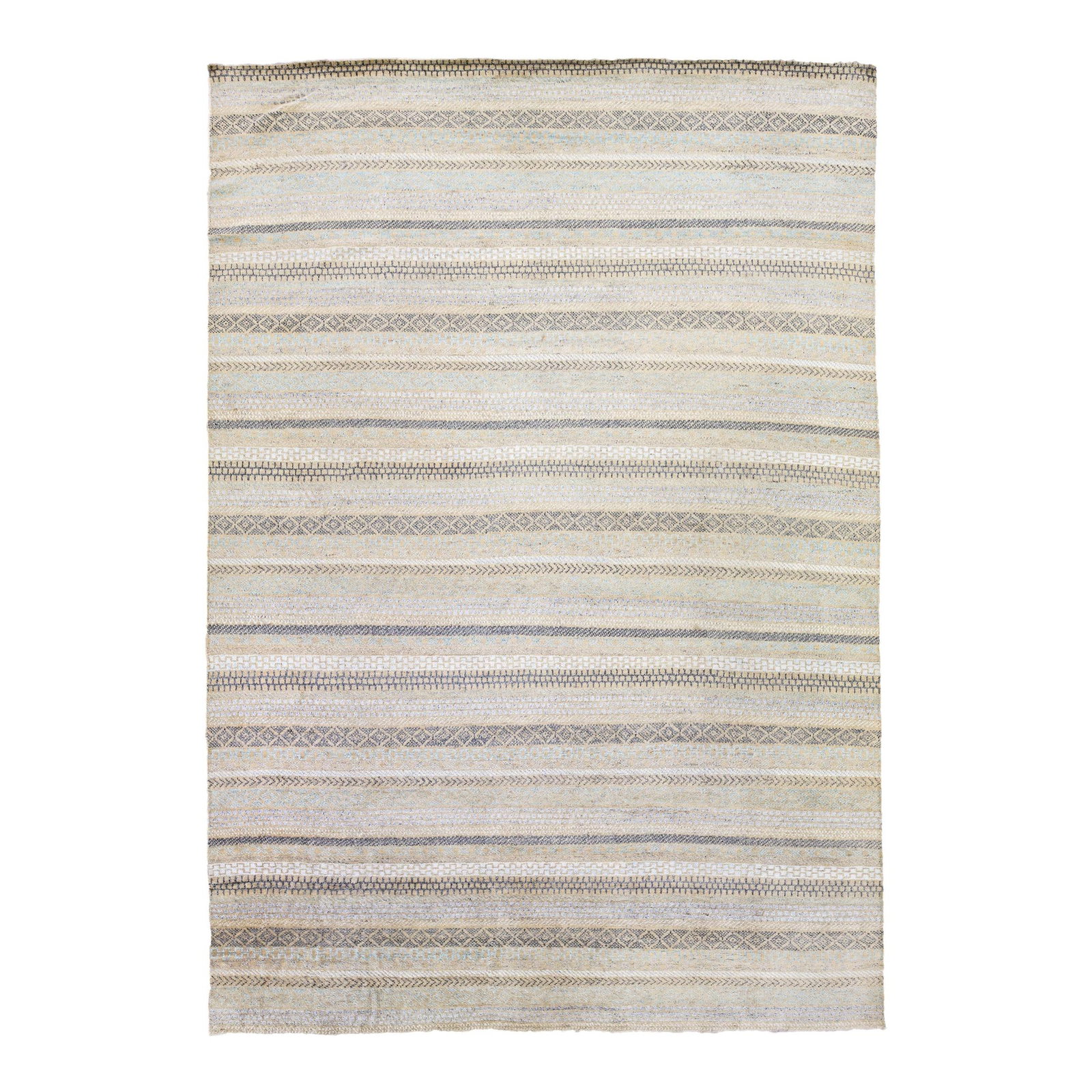 Modern Safi Collection Handmade Wool Rug 9'9 x 13'7: Modern Safi Collection Handmade Wool Rug 9'9 x 13'7 Enhance your space with this stunning handmade wool rug from the Safi Collection. Featuring a beautiful beige color field, this rug showcases an int