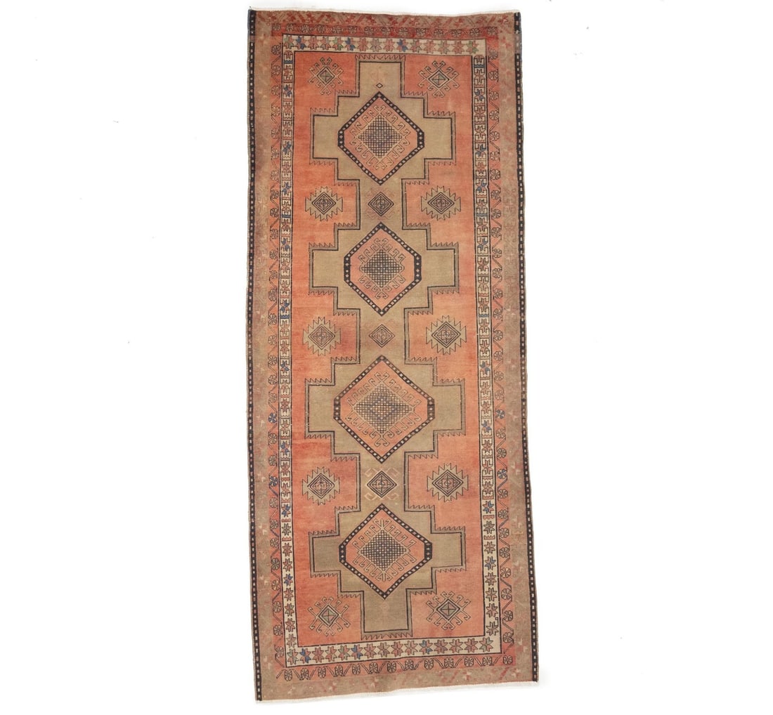 Vintage Hand-Knotted Tribal Runner Rug 4'7 x 11'2 ft Wool: Vintage Hand-Knotted Tribal Runner Rug 4'7 x 11'2 ft Wool Enhance your home decor with this stunning semi-antique Oriental runner rug, perfectly sized at 4'7" x 11'2". Featuring a beautiful tribal des