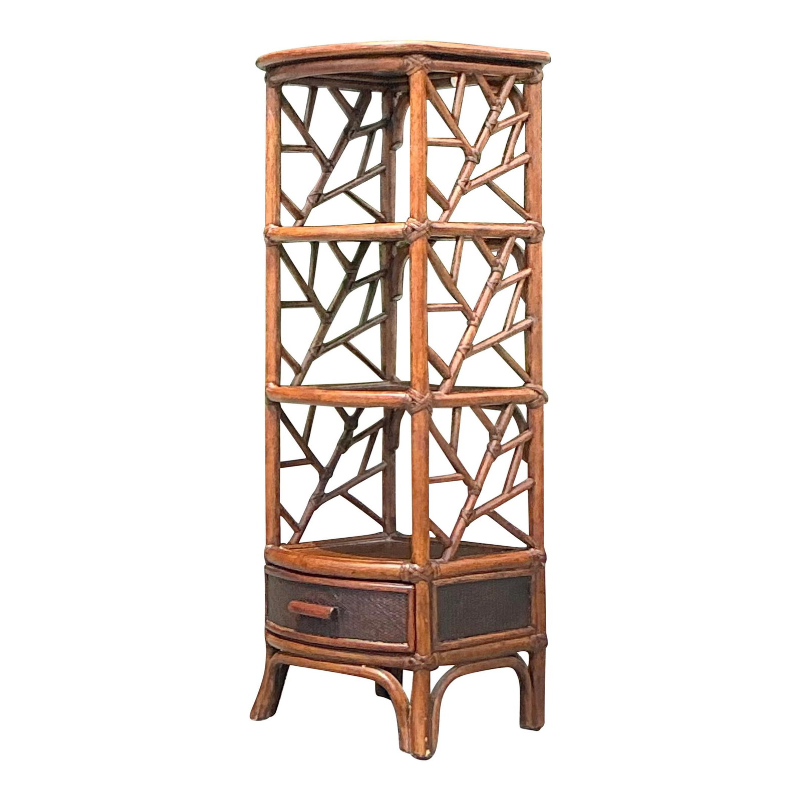 Vintage Boho Rattan Etagere from Palm Beach Estate: Vintage Boho Rattan Etagere from Palm Beach Estate Introducing a vintage Boho rattan etagere that beautifully merges natural texture with an airy design. This stylish and functional display piece adds