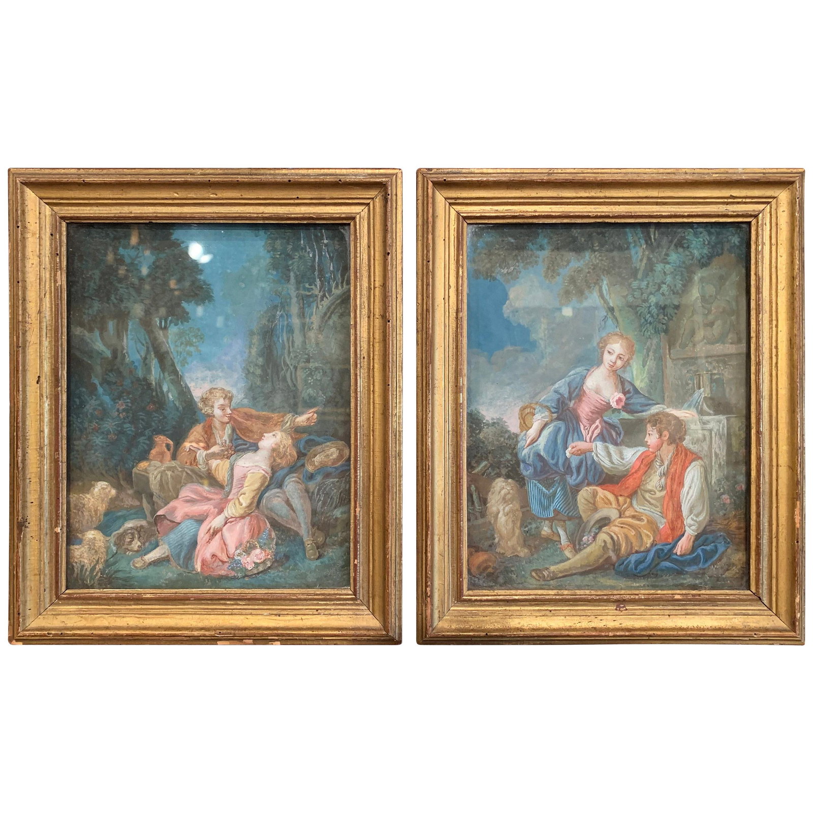 Set of 2 Louis XVI French Pastoral Watercolors in Giltwood Frames: Set of 2 Louis XVI French Pastoral Watercolors in Giltwood Frames This pair of late 18th-century French watercolor paintings features charming Louis XVI-style courting scenes. Each hand-painted compos