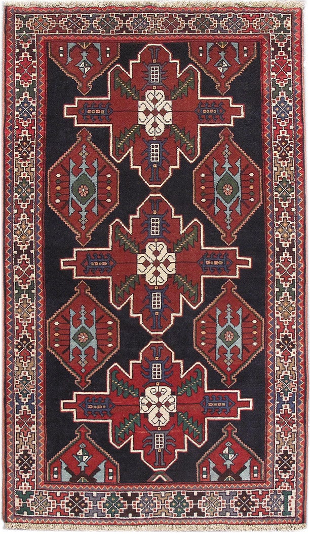 3.4 x 5.9 Hand-Knotted Persian Village Wool Geometric Rug: 3.4 x 5.9 Hand-Knotted Persian Village Wool Geometric Rug Free continental US Shipping This hand-knotted Persian village geometric rug showcases classic tribal motifs crafted by skilled weavers in Ira