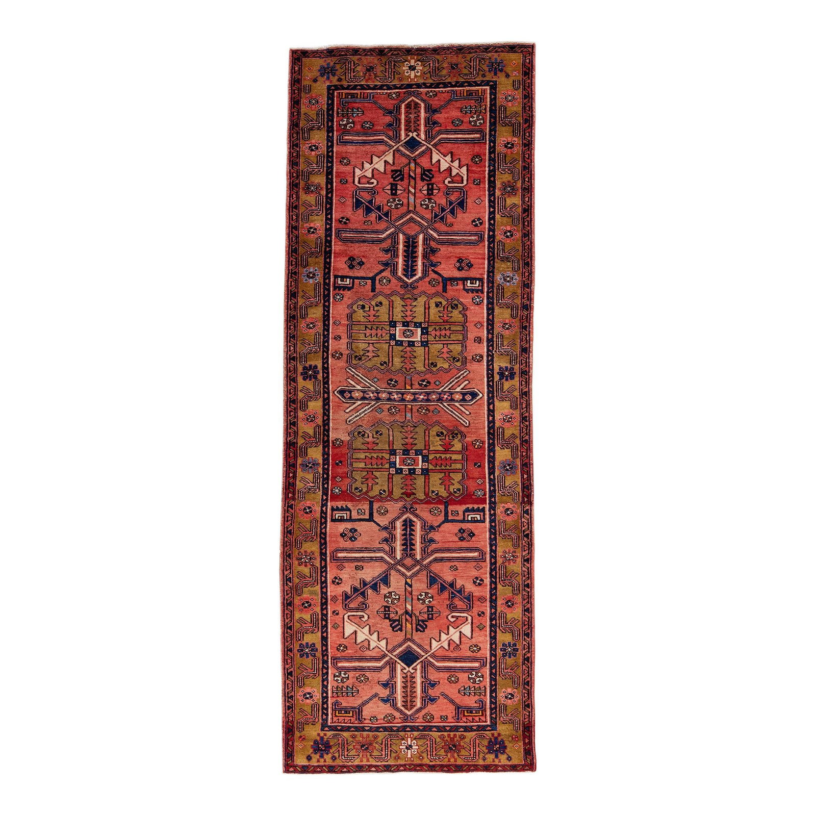 Vintage Persian Heriz Red Handmade Wool Runner 3'7 x 10'3 Medallion Design: Vintage Persian Heriz Red Handmade Wool Runner 3'7 x 10'3 Medallion Design This exquisite vintage Persian Heriz runner features a stunning red color field, beautifully hand-knotted from premium wool. 