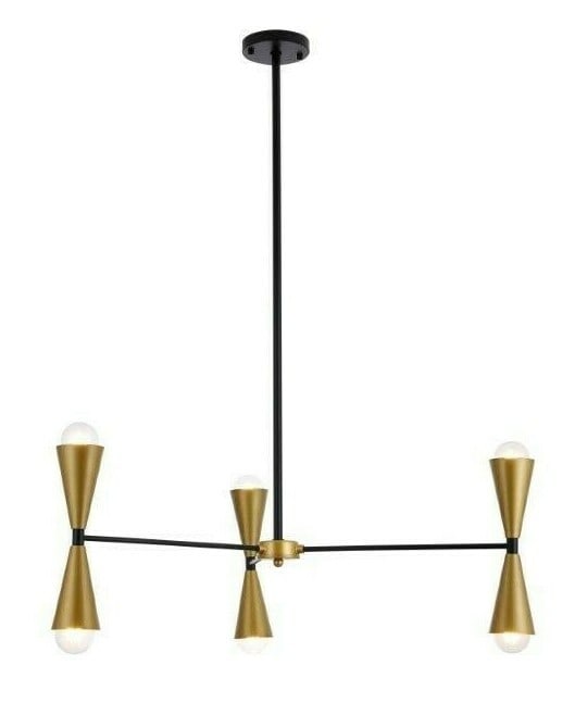 Living District Cade 6-Light Black Brass Pendant 34 Inch: Living District Cade 6-Light Black Brass Pendant 34 Inch This mid-century modern chandelier features a striking black and brass finish, offering a stylish lighting solution for various indoor spaces s