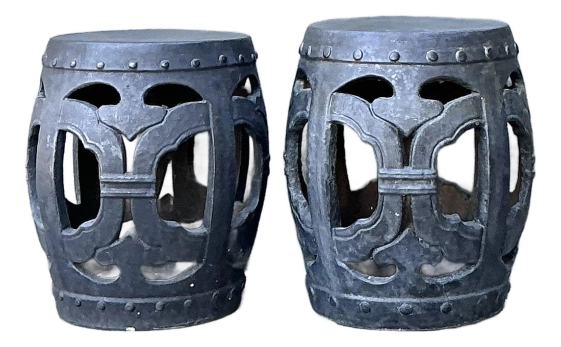 Pair of Charcoal Ceramic Garden Stools Linked Ring Lattice (1 of 10)