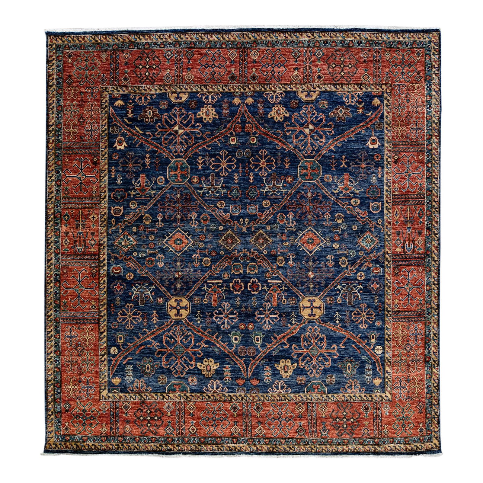 Handmade Geometric Floral Blue Rust Wool Rug 9' x 9'6": Handmade Geometric Floral Blue Rust Wool Rug 9' x 9'6" Enhance your living space with this stunning modern Serapi style hand-knotted wool rug, featuring a rich navy-blue field. The square design is be