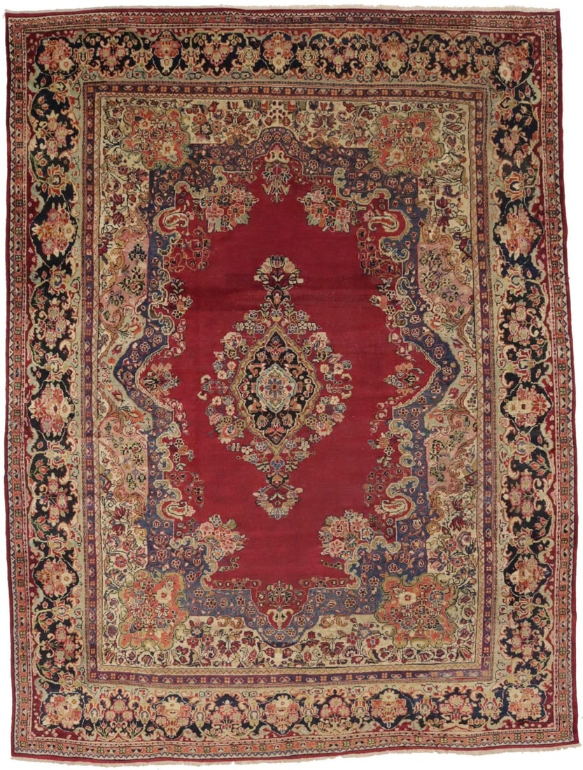 Hand-Knotted Wool Oriental Floral Rug Vintage 9'6-9'10 x 13'0 Western Asia: Hand-Knotted Wool Oriental Floral Rug Vintage 9'6-9'10 x 13'0 Western Asia This vintage hand-knotted area rug from Western Asia features a traditional floral pattern in red, cream, purple-navy, beige,