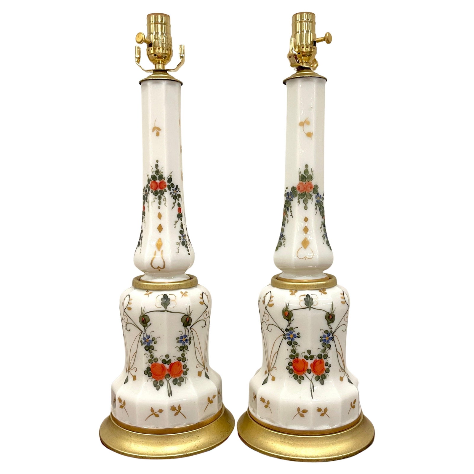 Set of 2 Italian Neoclassical Floral Opaline Glass Column Lamps 1960s: Set of 2 Italian Neoclassical Floral Opaline Glass Column Lamps 1960s Enhance your living space with this exquisite pair of Italian Neoclassical Floral Enameled Opaline Glass Column Lamps, crafted in 