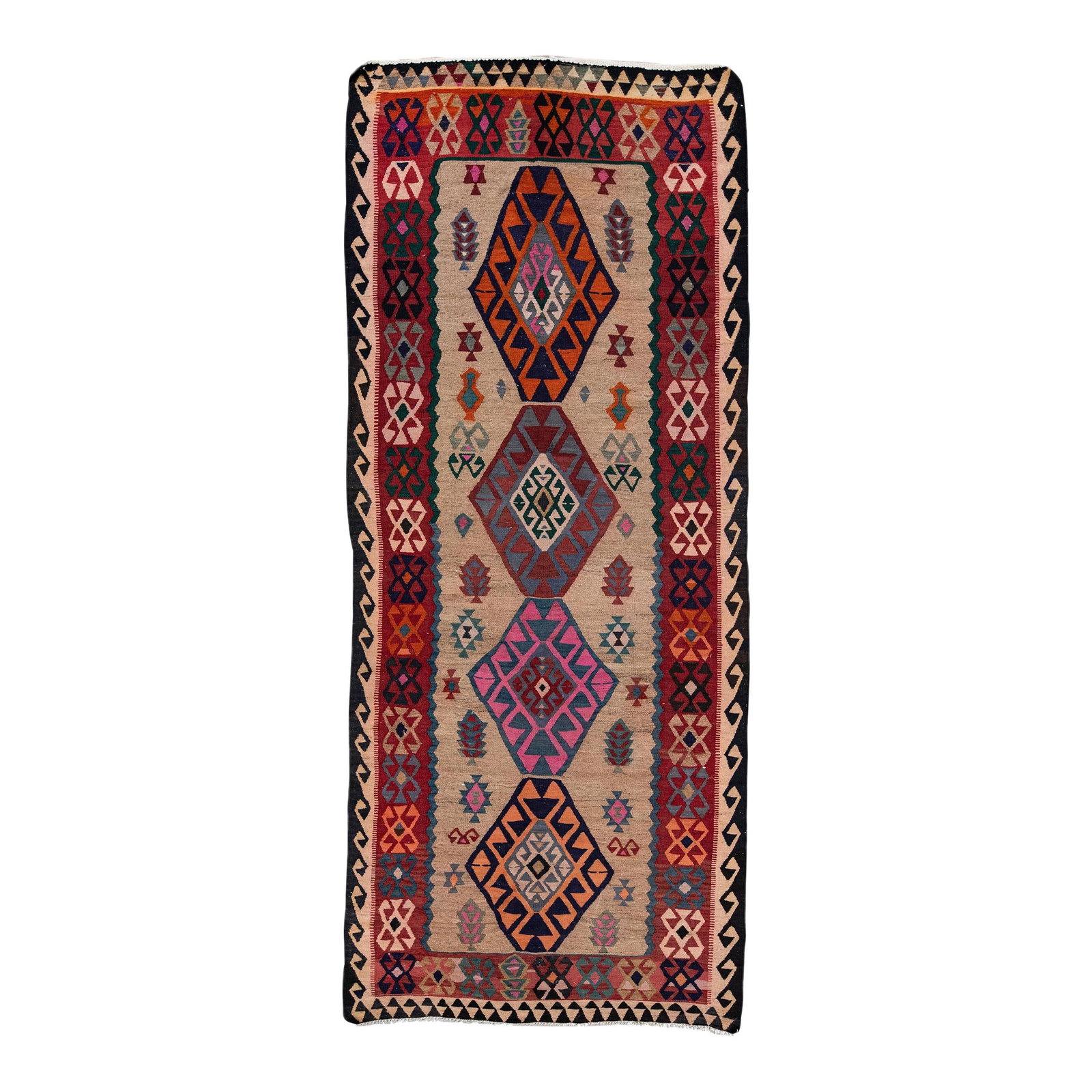 Vintage Kilim Wool Runner 5' x 12' Tribal Design Handmade: Vintage Kilim Wool Runner 5' x 12' Tribal Design Handmade Add a touch of ethnic charm to your space with this Vintage Kilim Handmade Flatweave Wool Runner. This exquisite piece features a rich brown b