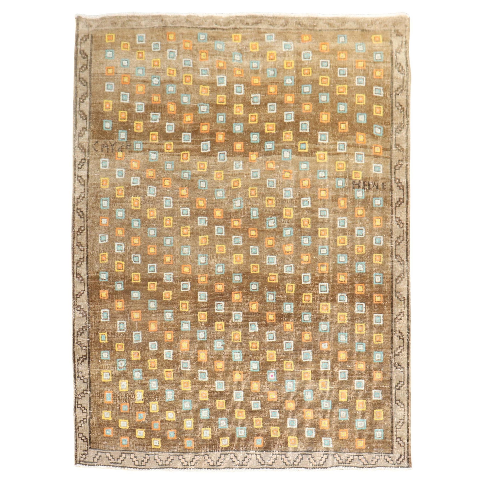 Mid-20th Century Tribal Wool Hand-Knotted Turkish Rug 62 x 79: Mid-20th Century Tribal Wool Hand-Knotted Turkish Rug 62 x 79 Discover the vibrant charm of this mid-20th century Turkish Kars Carpet, showcasing a playful geometric motif that adds character to any s