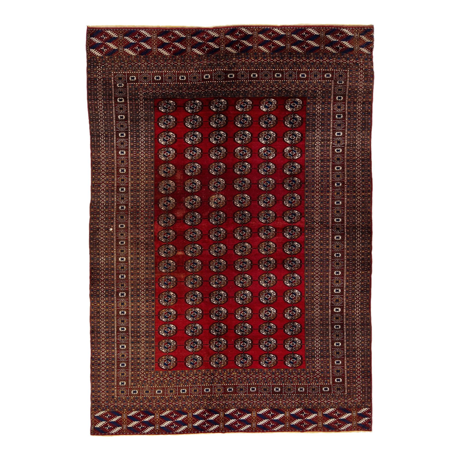 Red Antique Turkmen Hand-Knotted Wool Rug 6'3 x 8'10 Gul Motif: Red Antique Turkmen Hand-Knotted Wool Rug 6'3 x 8'10 Gul Motif Discover this stunning antique Turkmen hand-knotted wool rug, featuring a striking red color field adorned with an intricate all-over Gul