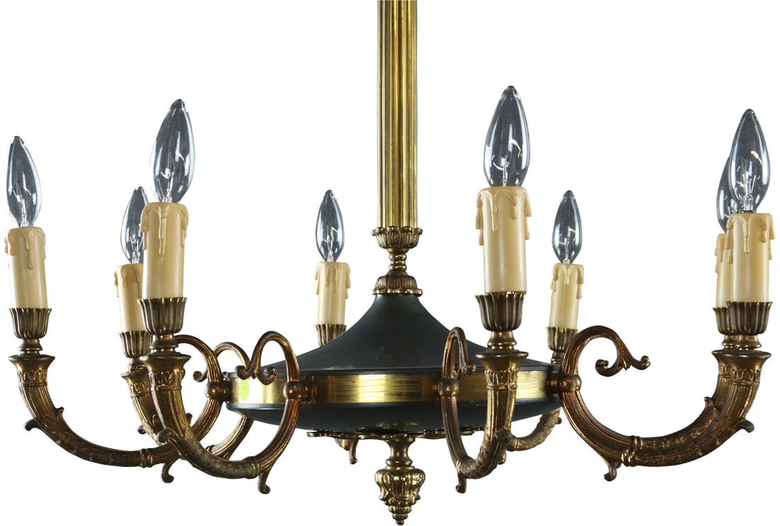 Vintage 1950 Empire Style 8-Light Antique Brass Chandelier: Vintage 1950 Empire Style 8-Light Antique Brass Chandelier Illuminate your space with this stunning Majestic Antique Brass Chandelier, featuring an elegant 8-arm design that embodies the classic Empir
