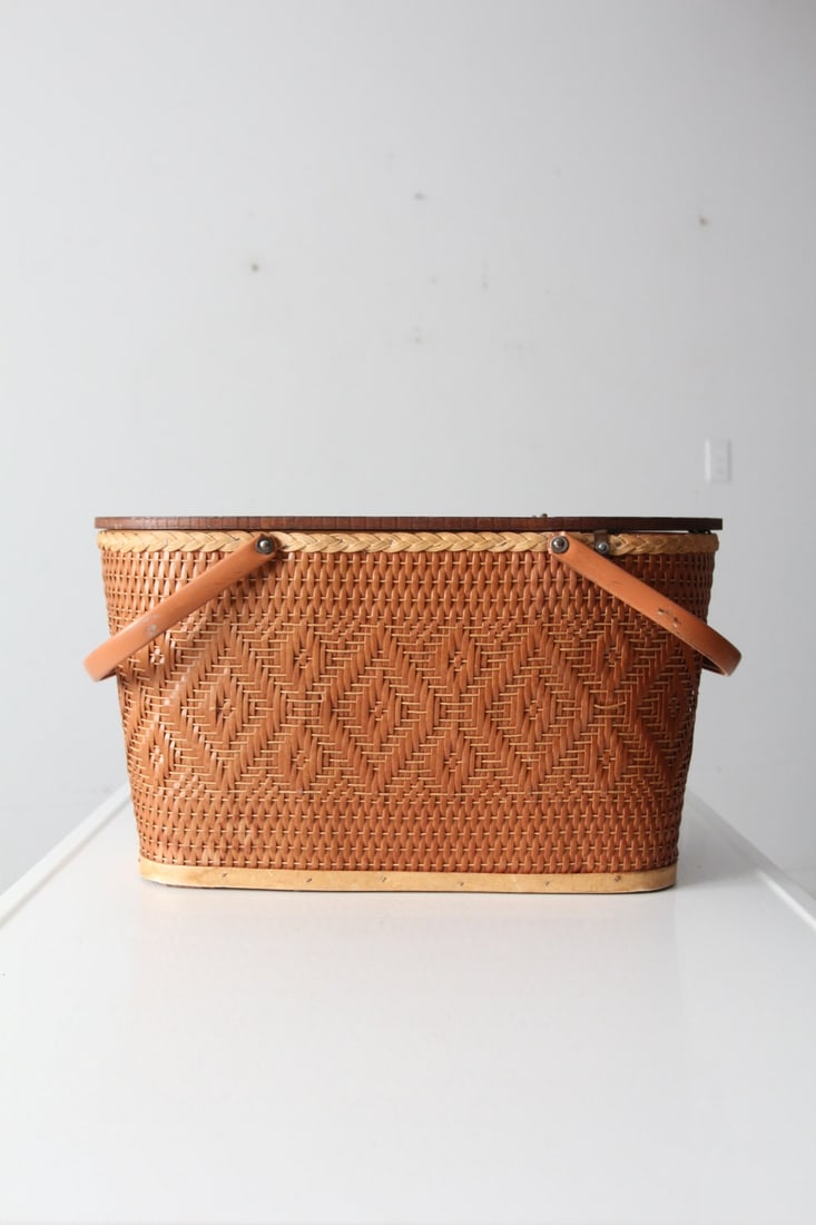 Vintage Redmon Picnic Basket Geometric Weave Metal Handles (1 of 13)