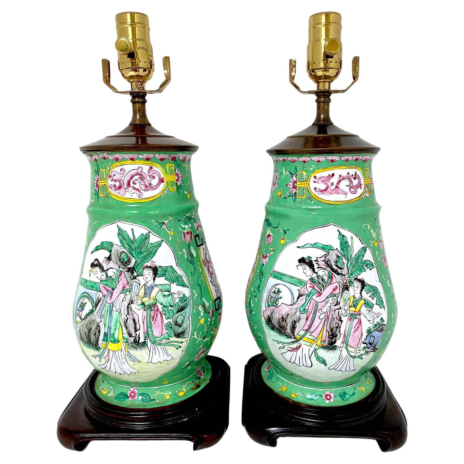 Set of 2 20th Century Canton Enamel Vase Lamps Mandarin Bird Motif: Set of 2 20th Century Canton Enamel Vase Lamps Mandarin Bird Motif This exquisite pair of 20th Century Canton Enamel Mandarin & Bird Motif Vases has been transformed into elegant lamps, showcasing stu