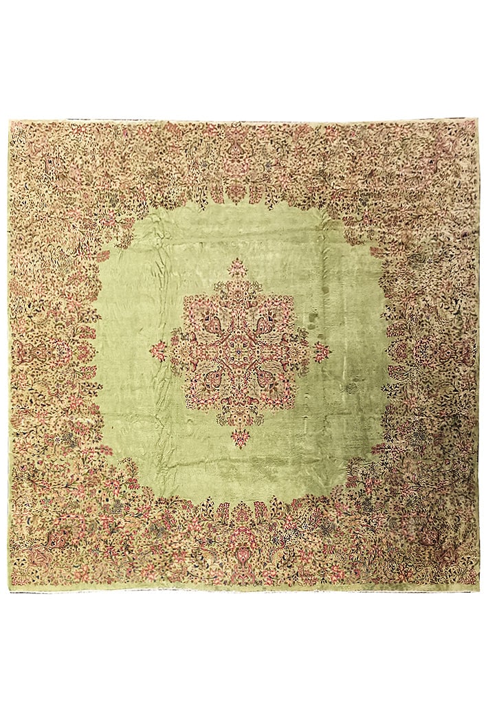 Large 13.4 x 13.10 Antique Persian Kerman Rug in Green: Large 13.4 x 13.10 Antique Persian Kerman Rug in Green Free continental US Shipping Elevate your living space with this exquisite 13' x 14' square Antique Persian Kerman Rug in a vibrant green hue. Or