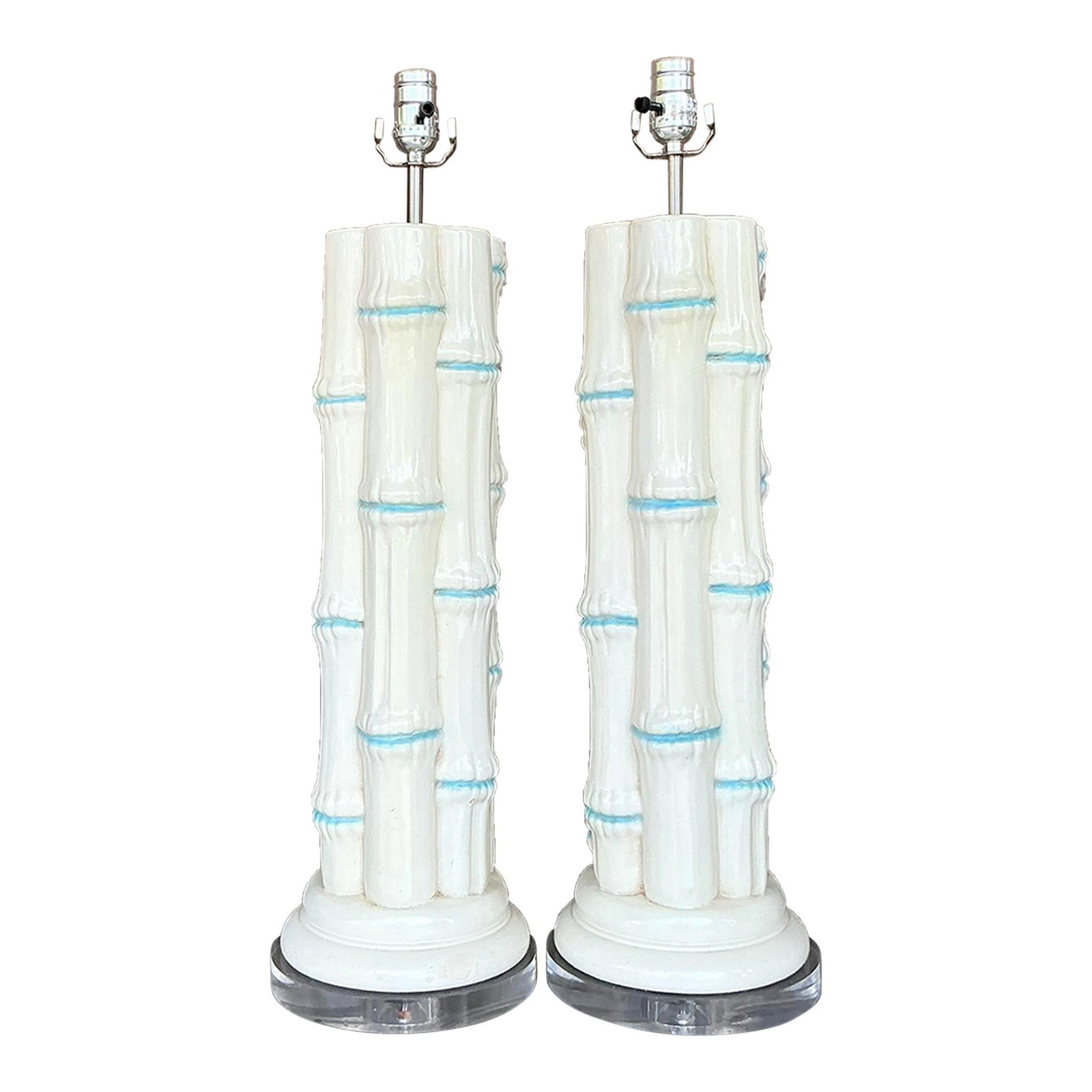 Pair of Vintage Coastal Ceramic Bamboo Lamps 27in White (1 of 7)