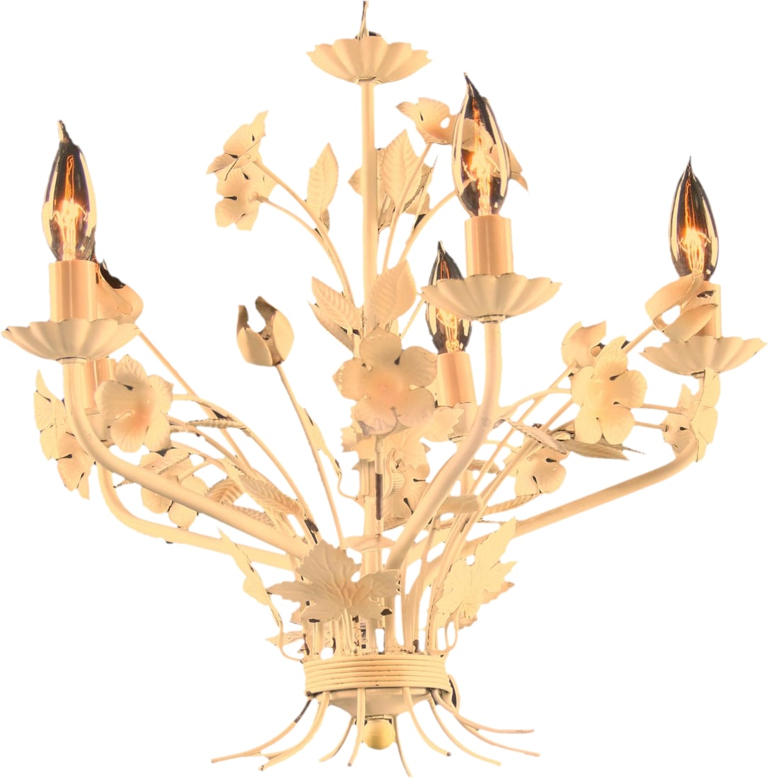1950s French Country Floral Bouquet Chandelier Pink White 5-Arm: 1950s French Country Floral Bouquet Chandelier Pink White 5-Arm Illuminate your space with this charming 1950s floral bouquet chandelier, showcasing a delightful French Country style. Crafted from met