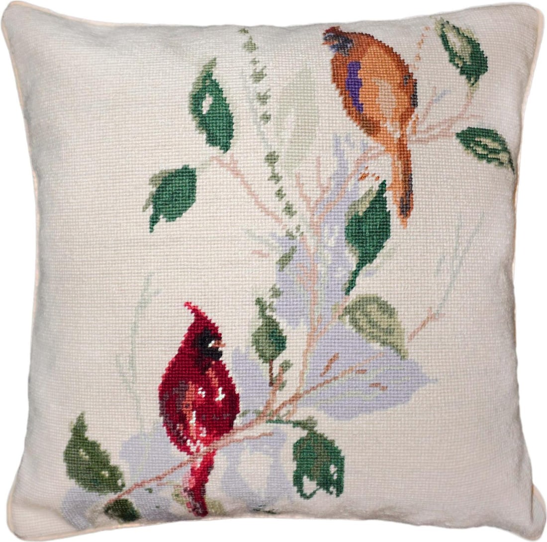Vibrant Handmade Double Cardinal Pillow 18x18 Wool Velvet: Vibrant Handmade Double Cardinal Pillow 18x18 Wool Velvet Enhance your decor with this vibrant handmade pillow featuring a charming cardinal couple design. Crafted with meticulous attention to detail,