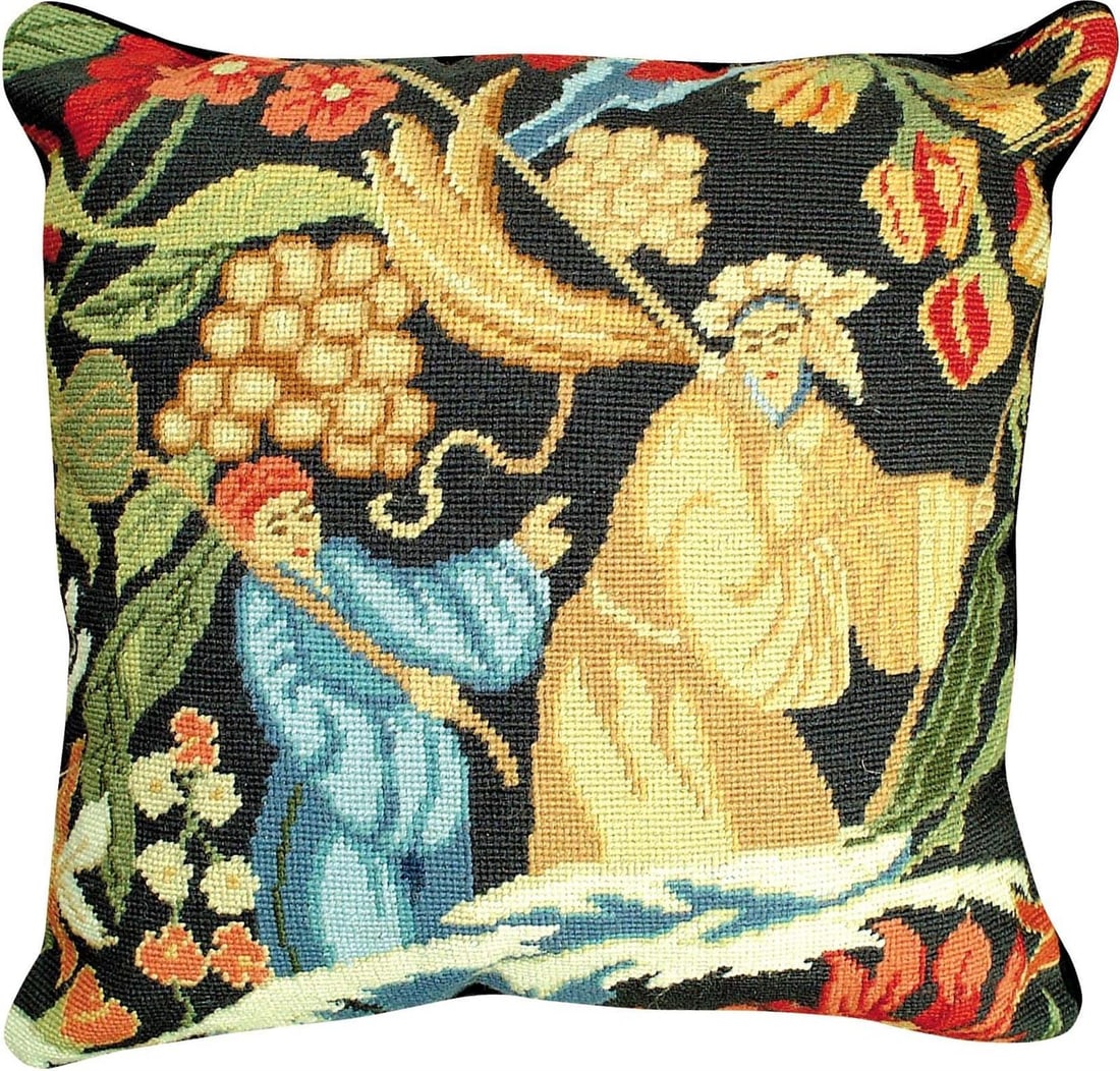 Medieval Style Wool Needlepoint Pillow St. Cyr Design 18x18: Medieval Style Wool Needlepoint Pillow St. Cyr Design 18x18 Enhance your living space with this exquisite Medieval Tapestry Design Pillow, beautifully crafted from 100% wool. This hand-made needlepoin