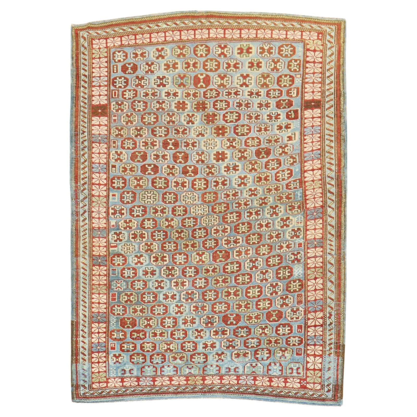 19th Century Blue Antique Caucasian Kuba Kazak Rug Wool Hand-Woven: 19th Century Blue Antique Caucasian Kuba Kazak Rug Wool Hand-Woven Discover the beauty of this exquisite antique Caucasian Kuba rug, crafted in the late 19th century. This stunning piece measures 44 i