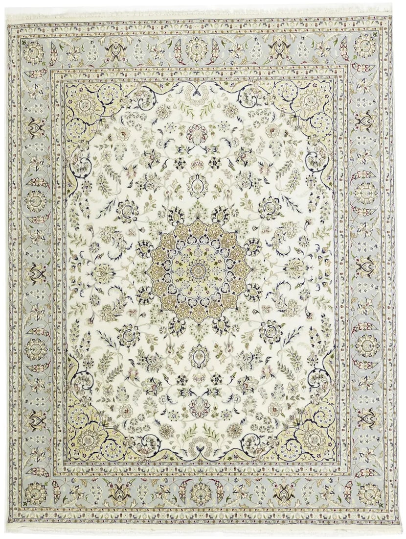 Hand-Knotted Wool Area Rug 7'8 x 10'0 Floral Pattern from India: Hand-Knotted Wool Area Rug 7'8 x 10'0 Floral Pattern from India This Indo-Nain area rug features a classic floral design in a palette of cream, light blue-gray, buff red, dark navy, green, and tan. Ha