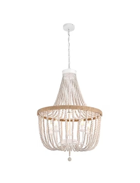 LIVING DISTRICT Jolie 5-Light Antique White Bead Chandelier: LIVING DISTRICT Jolie 5-Light Antique White Bead Chandelier This farmhouse-style chandelier features an antique white finish and is adorned with wood beads and hand rope knots, creating a chic and rus