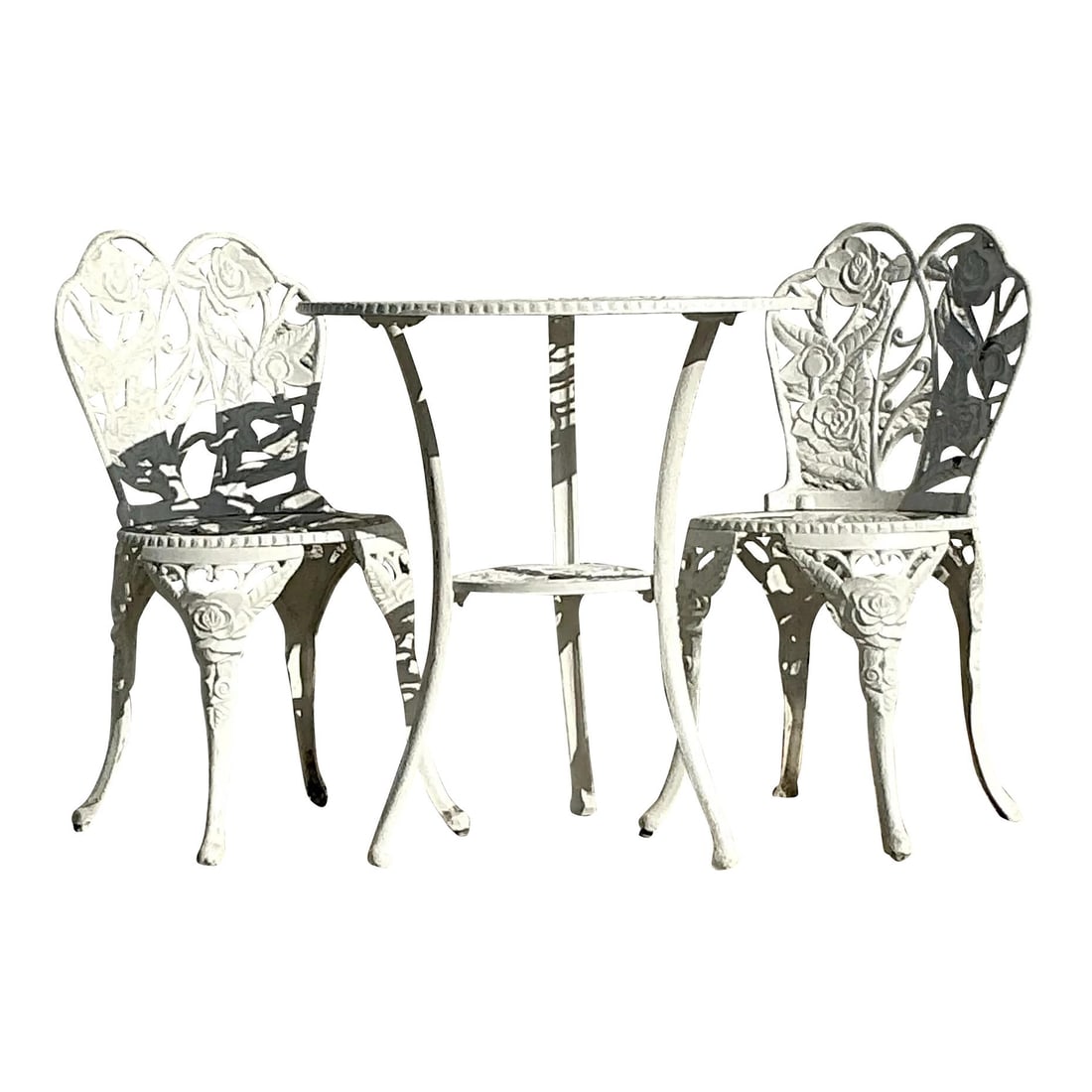 Vintage Regency Wrought Iron Garden Table and Chairs Set of 3: Vintage Regency Wrought Iron Garden Table and Chairs Set of 3 Enhance your outdoor or indoor space with this delightful vintage Regency-style wrought iron table and chair set. Featuring a beautifully 