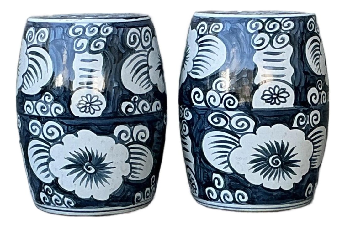 Pair of blue white ceramic garden stools with floral motifs (1 of 10)