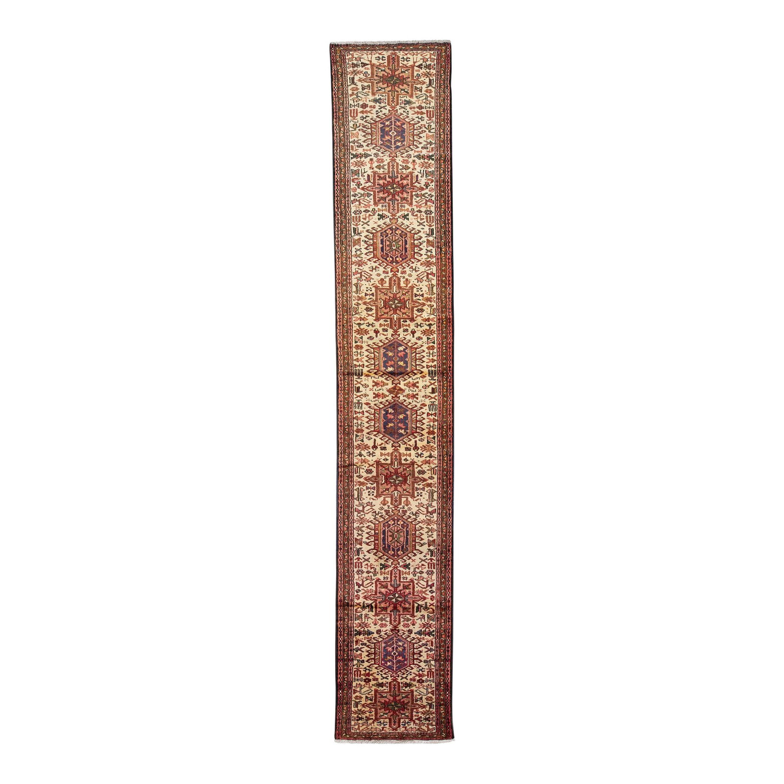 20th Century Hand-Knotted Heriz Wool Runner Beige Tribal Design 2'5 x 14'2: 20th Century Hand-Knotted Heriz Wool Runner Beige Tribal Design 2'5 x 14'2 This exquisite 20th-century Heriz hand-knotted wool runner features a captivating beige field adorned with multicolor accents
